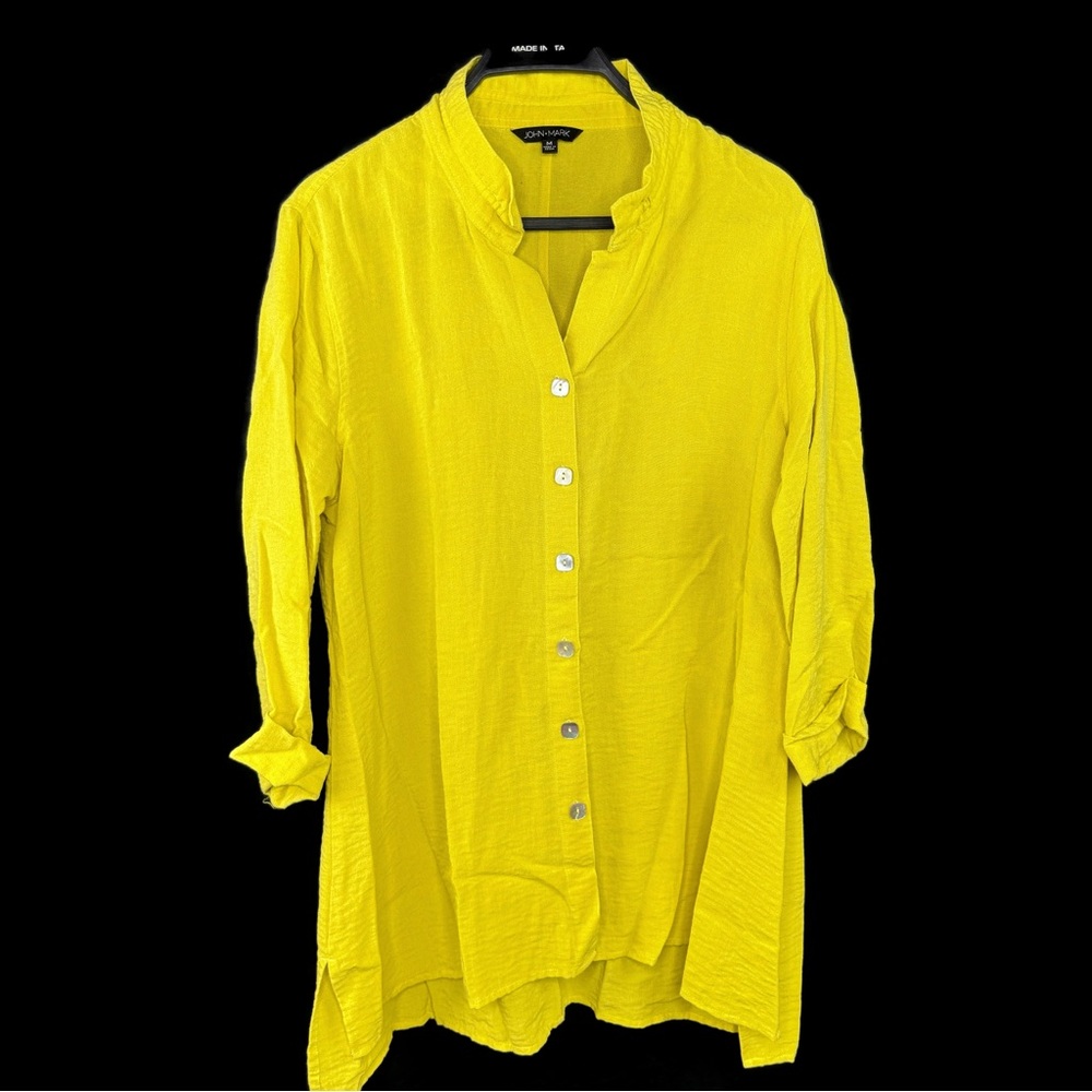 John Mark Mustard Yellow Solid Color Button Down Wired Collar Medium